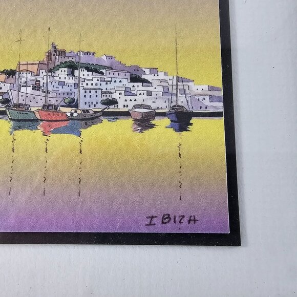 Framed Ibiza Sunset Boats Watercolor Painting Signed By Artist Framed 7" x 7" - Picture 3 of 8
